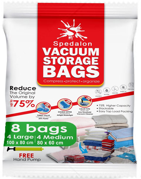 Spedalon Vacuum Storage Bags - Pack of 12 (3 Jumbo + 3 Large + 3 Medium + 3 Small) Reusable with Free Hand Pump for Travel Packing | Best Sealer Bags